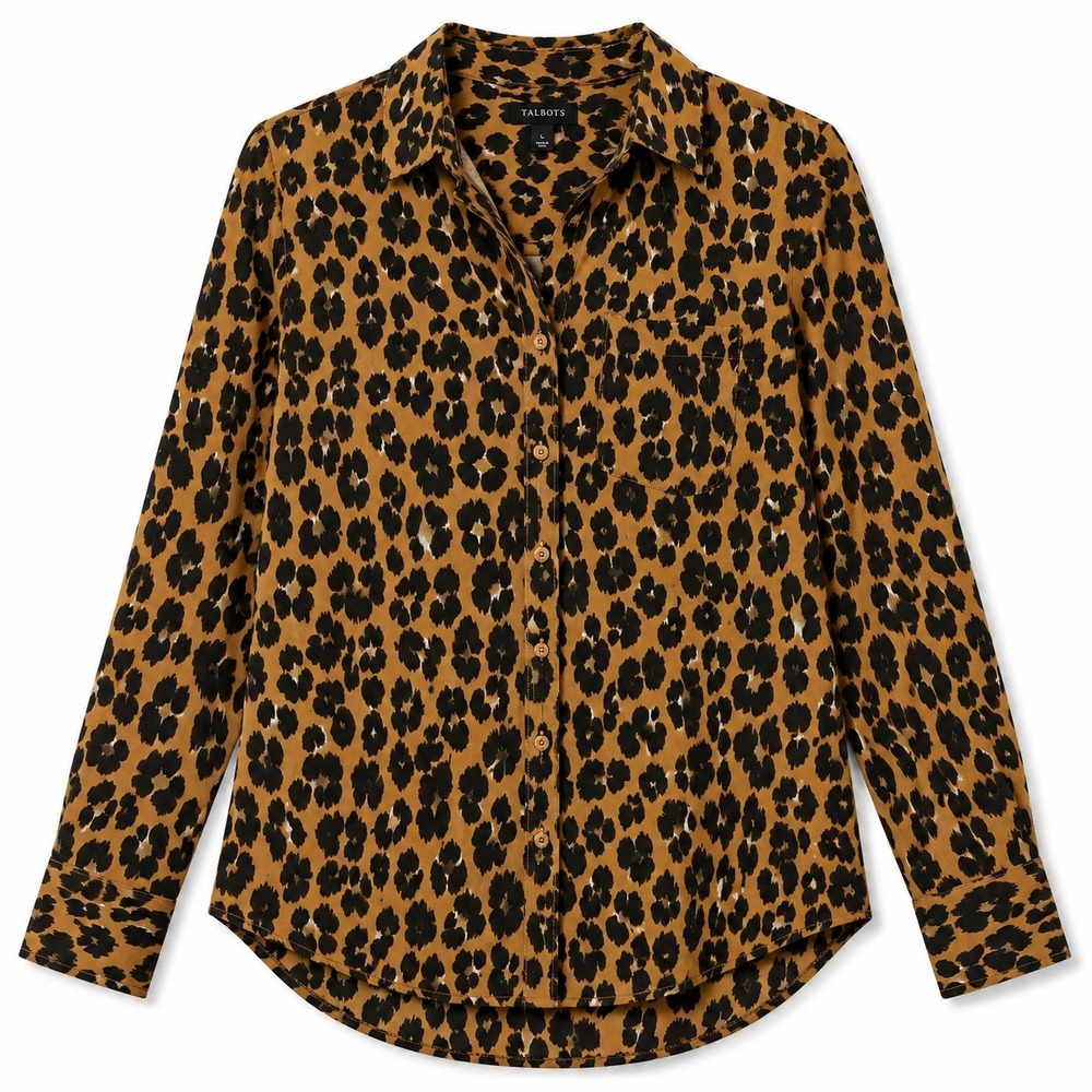 Talbots Leopard Print Blouse Tan Black Button Down Animal Print Women's Small